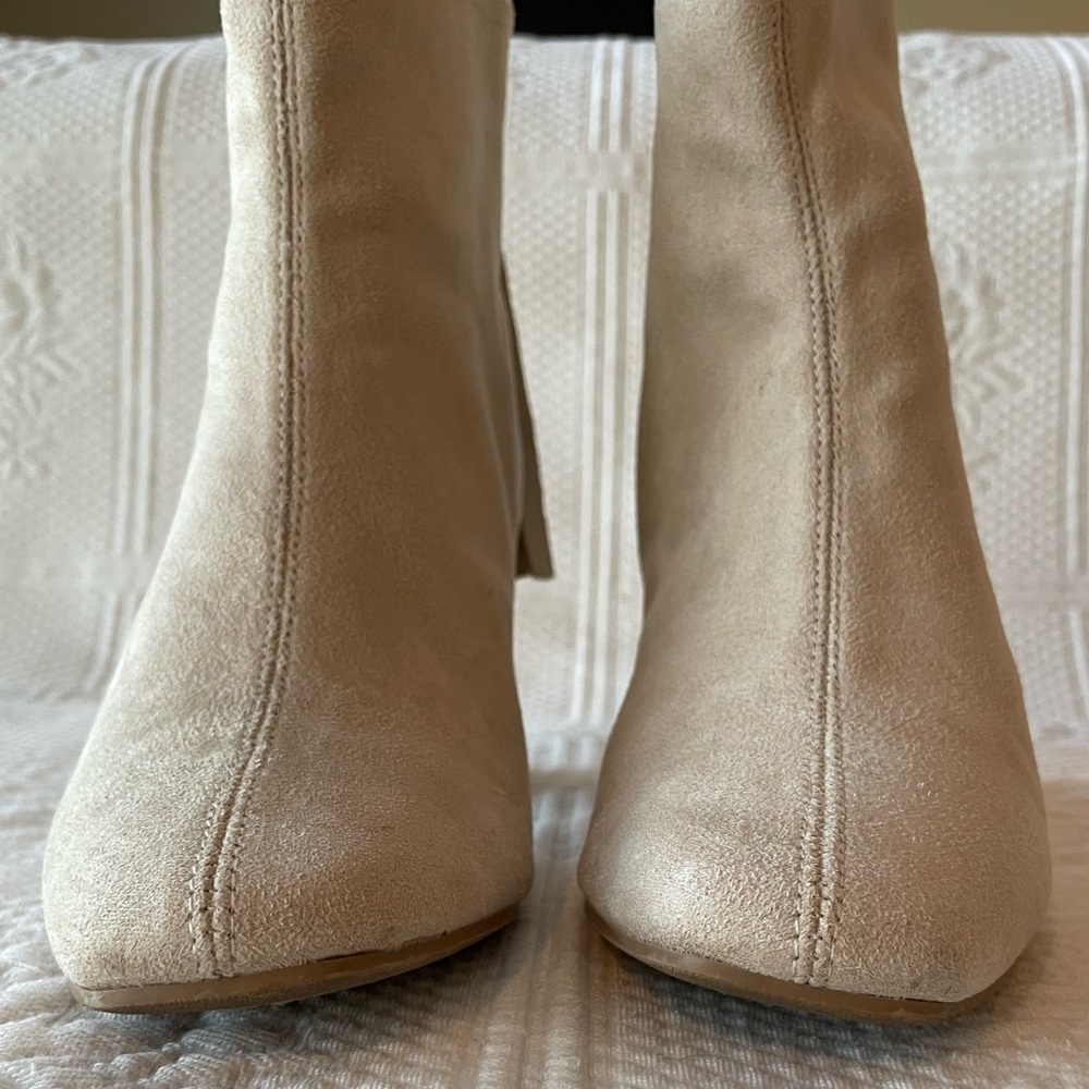 Delicious Faux Suede Square Toe Block Heel Ankle Boots Cream/Nude/Beige - Picture 5 of 11